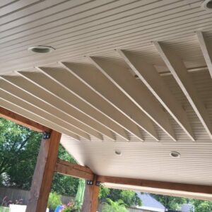 Patio add-on with beadboard ceiling, paint, and speakers.