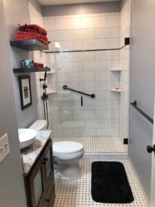 Shower Wall and Floor Tile, Vanity, Granite, and Shower Glass